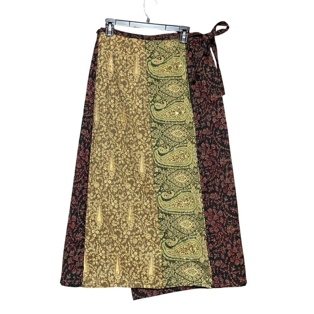 White Stag Women's M Paisley Floral Brocade Wrap Maxi Skirt Green Gold Burgundy